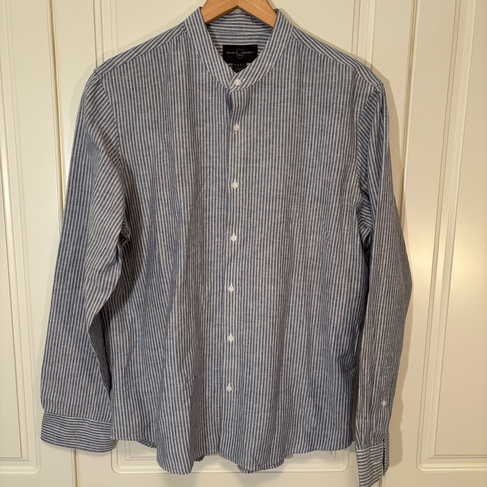 Black Brown 1826 Blue White Striped Linen blend Button Down Shirt Men's large